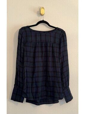 Ann Taylor Loft Womens Blouse Blue Green Plaid Long Sleeve Button Detail L Large